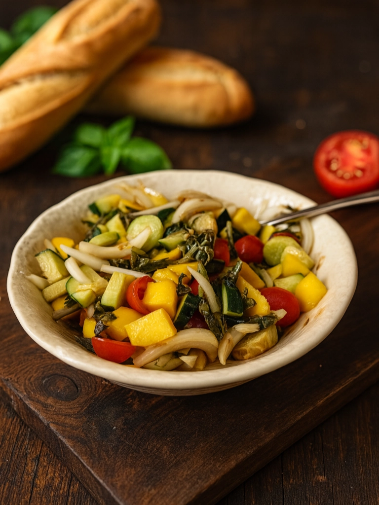 Een kleurrijke salade met stukjes alfícoz, mango, rode ui, tomaat en verse koriander, geserveerd in een witte schaal op een bamboemat.