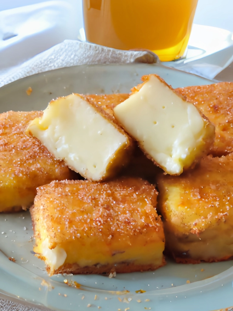 Een bord met goudbruin gebakken blokjes leche frita, een traditioneel Spaans dessert, gegarneerd met suiker en kaneel, met een glas thee op de achtergrond.