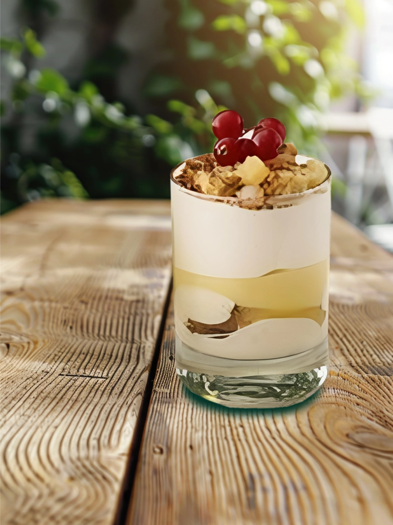 Tiramisu limoncello geserveerd in een glas, met lagen van mascarponecrème, limoncello, en een topping van cacaopoeder, kruim van koekjes en rode bessen, gepresenteerd op een houten tafel met een groene achtergrond.