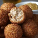 Close-up van een stapel goudbruin gefrituurde bitterballen, met één doorgesneden om de romige vulling te tonen, geserveerd met een schaaltje mosterd op de achtergrond.