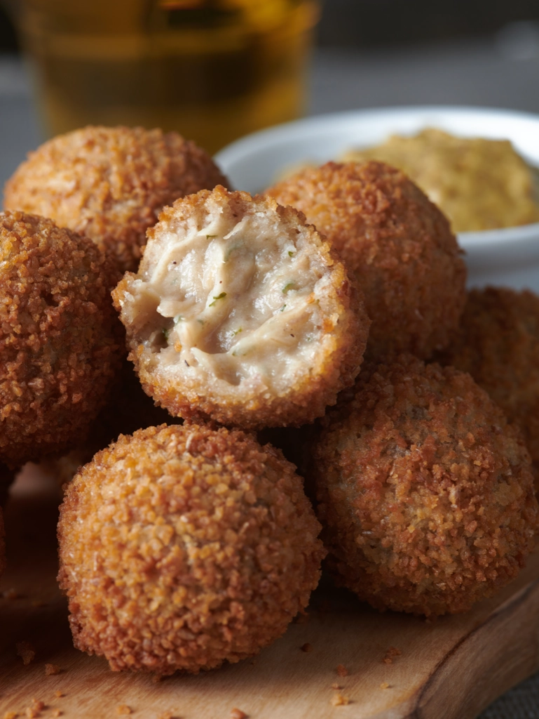 Close-up van een stapel goudbruin gefrituurde bitterballen, met één doorgesneden om de romige vulling te tonen, geserveerd met een schaaltje mosterd op de achtergrond.