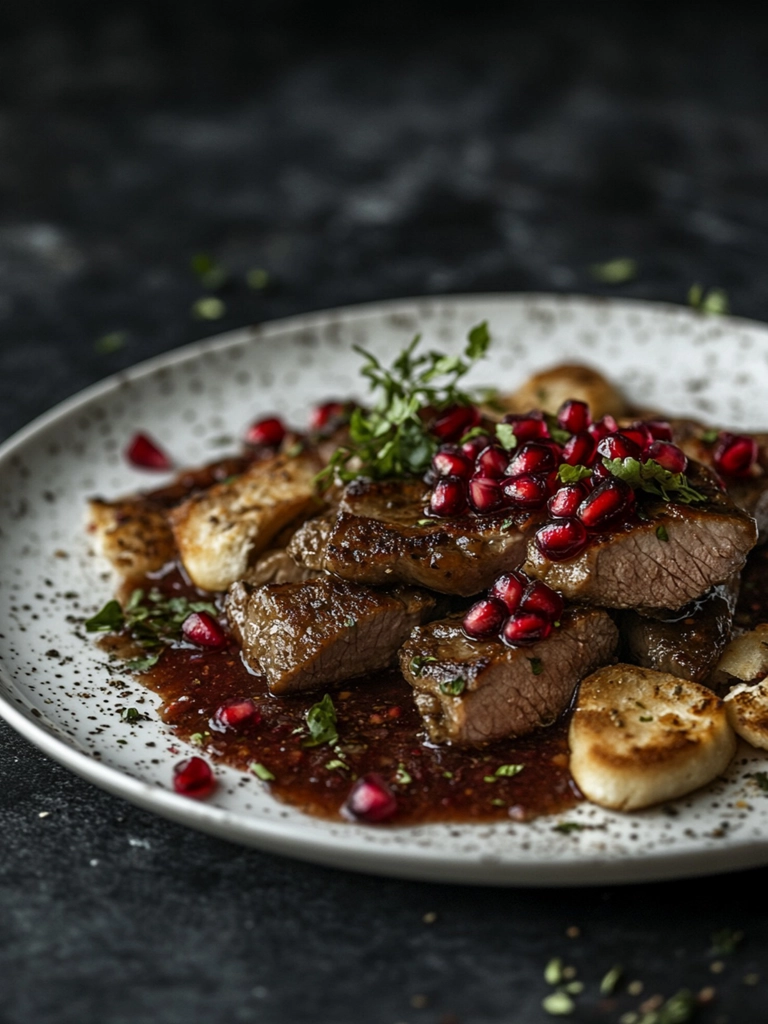 Close-up van een bord met gegrilde ossenhaas gegarneerd met granaatappelpitjes en verse kruiden