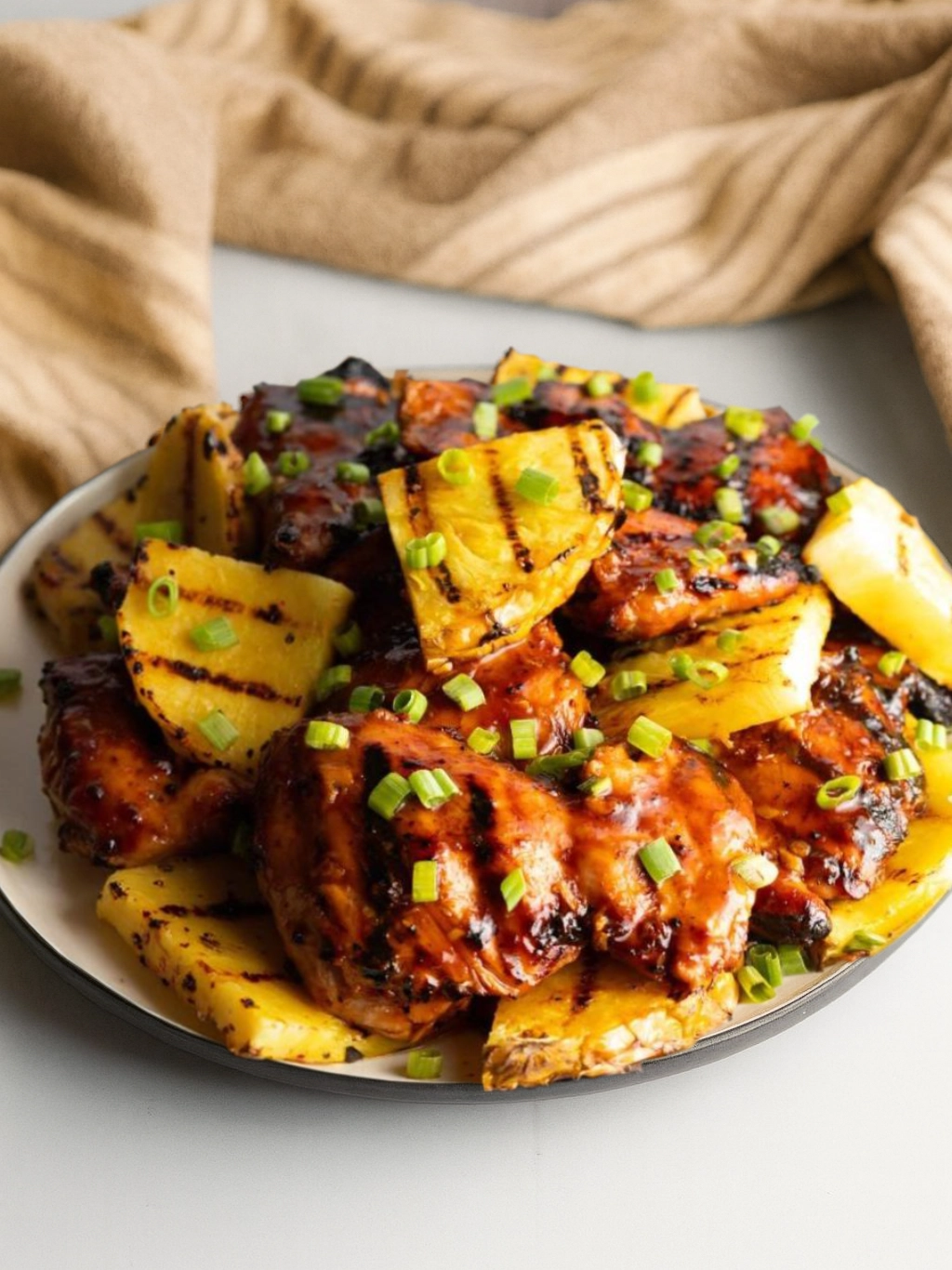 Een bord met Huli Huli Chicken, gegarneerd met gegrilde ananasschijven, partjes limoen en bosui, geserveerd met macaronisalade en een bijgerecht van groene groente.