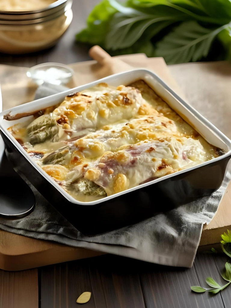 Witlofschotel met knolselderij, knapperige kaas, ovengerecht