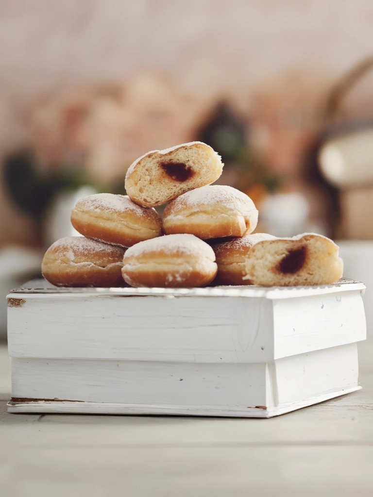 Krofne, heerlijke Kroatische donuts op een wit houten kistje, de lekkere vulling van jam is goed te zien in de doorgesneden krofne.