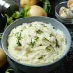 Aardappelpuree met knoflook en citroen in een mooi schaaltje op een donkere tafel.