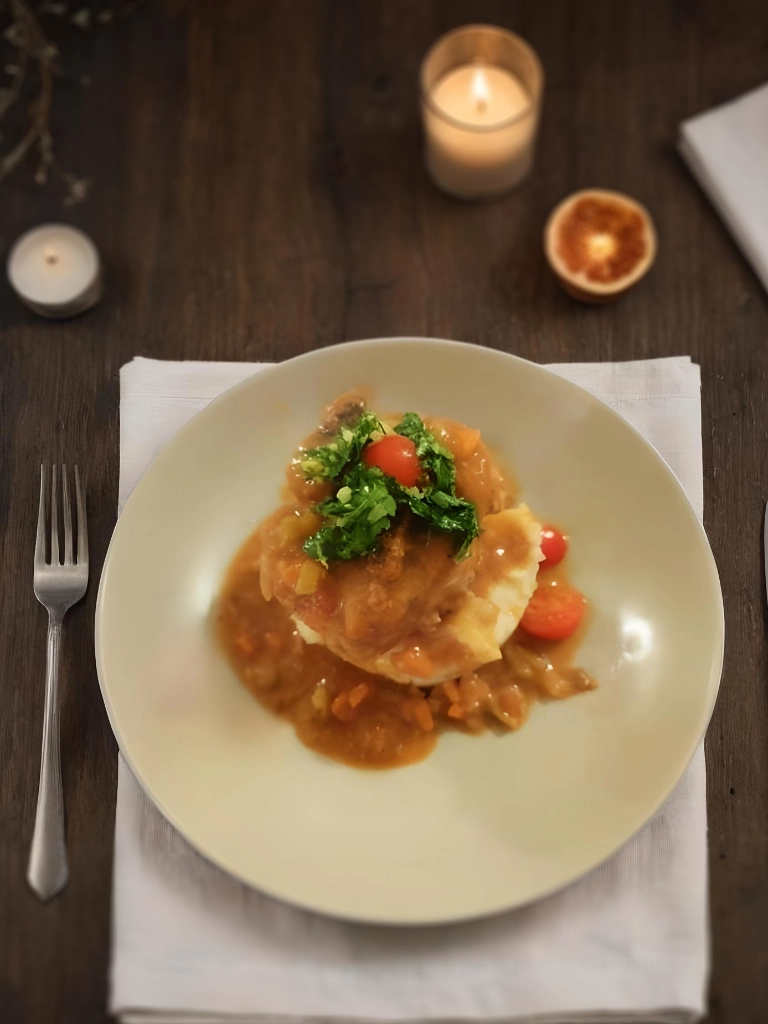 Ossobuco in witte wijn en gremolata op een licht bord op een mooi gedekte tafel