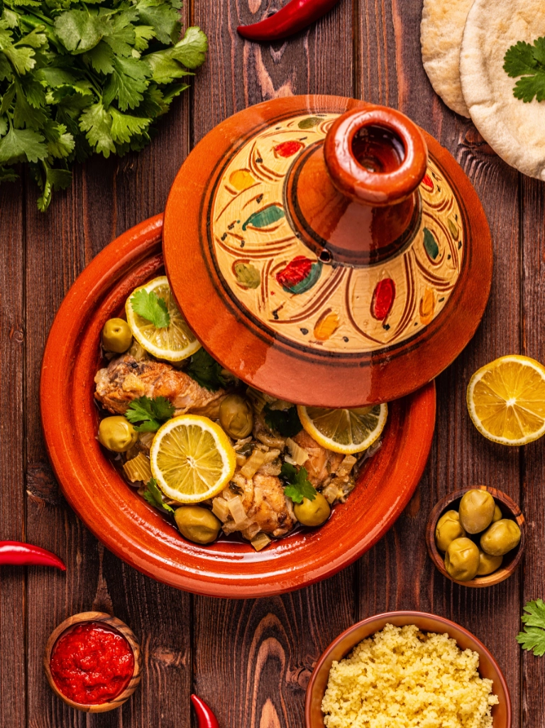 Marokkaanse kip tajine met een schaaltje pitige rode harissa en een schaal couscous op een houten tafel. Tajine de pollo marroquí
