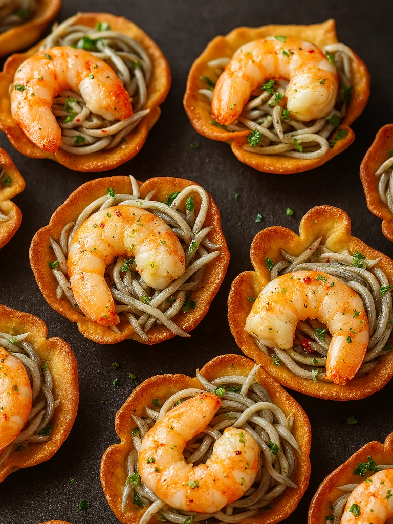 Krokante empanadamandjes met gulas & gamba Canastitas de empanada con gulas y gambón