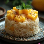 Kokosrijst met mango en sesam Arroz con coco, mango y sésamo