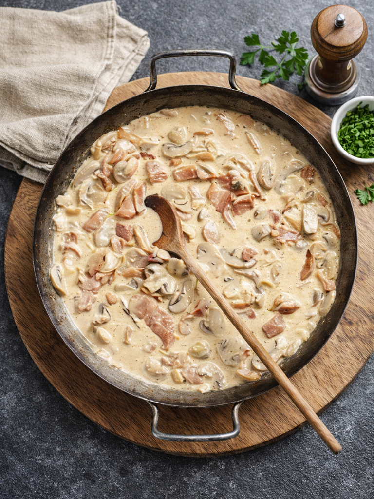 Varkfilet gekook met room en sampioene